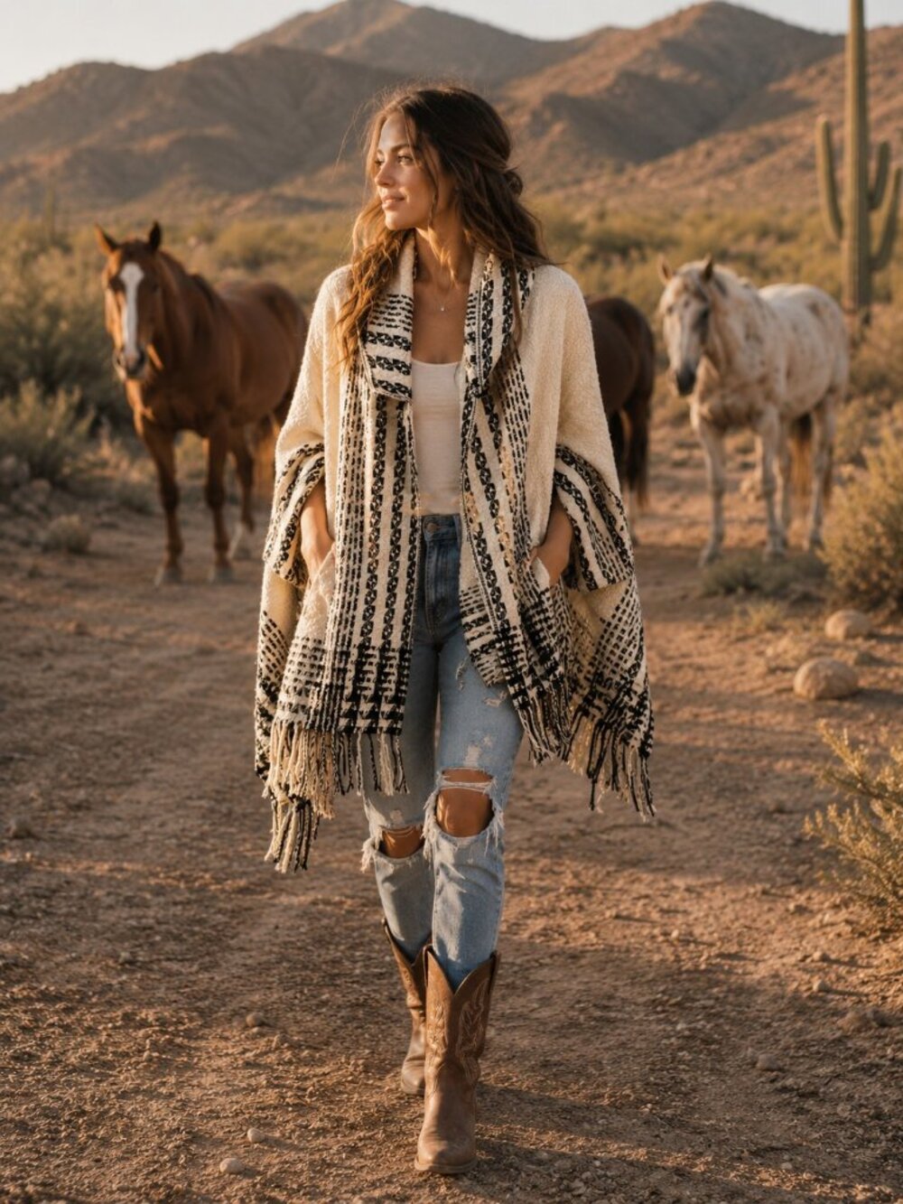 Western HOODED Fringed Bohemian Poncho like wrap super soft ONE SIZE EUC
